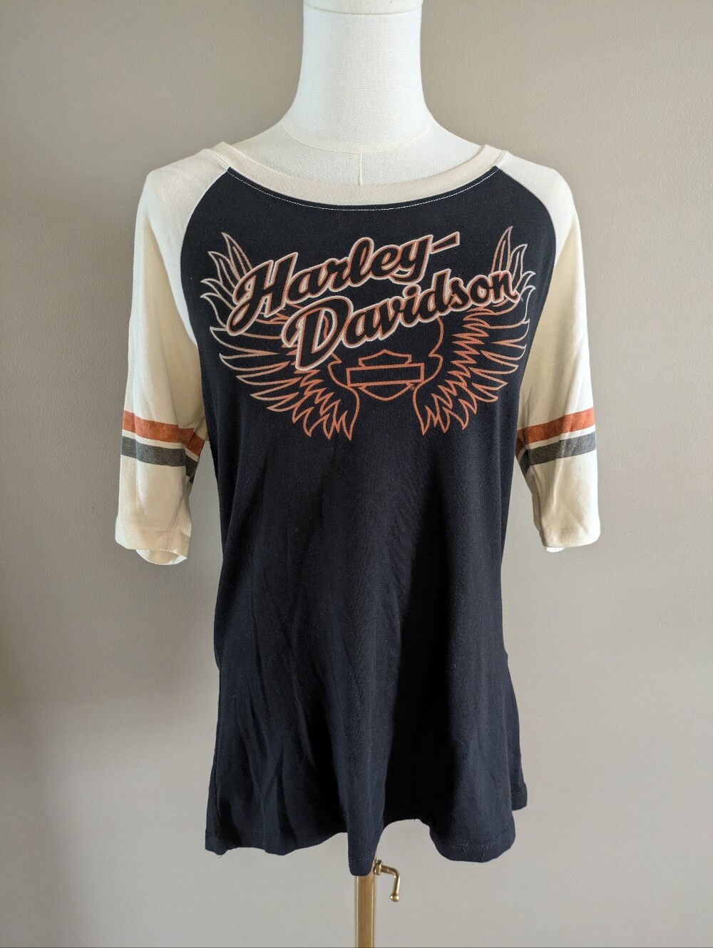 Harley Davidson Women's Raglan Short Sleeve Graphic T-Shirt Black Cream Large